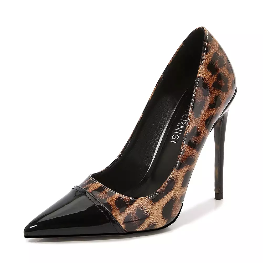 Women's Bicolor Pointed Toe Leopard Print Shallow Stiletto Heel Pumps