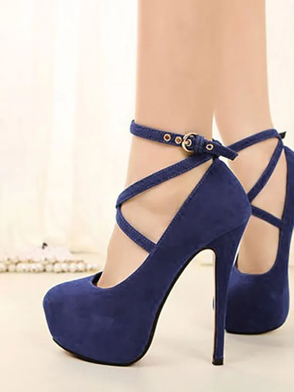 Womens Blue Platform Pumps Suede Round Toe Criss Cross Strap Stiletto Heels