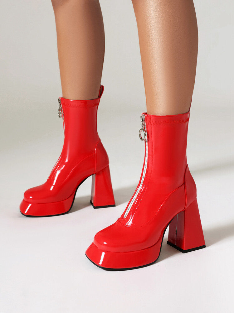 Women's Booties Glossy Zippers Chunky Heel Platform Short Boots