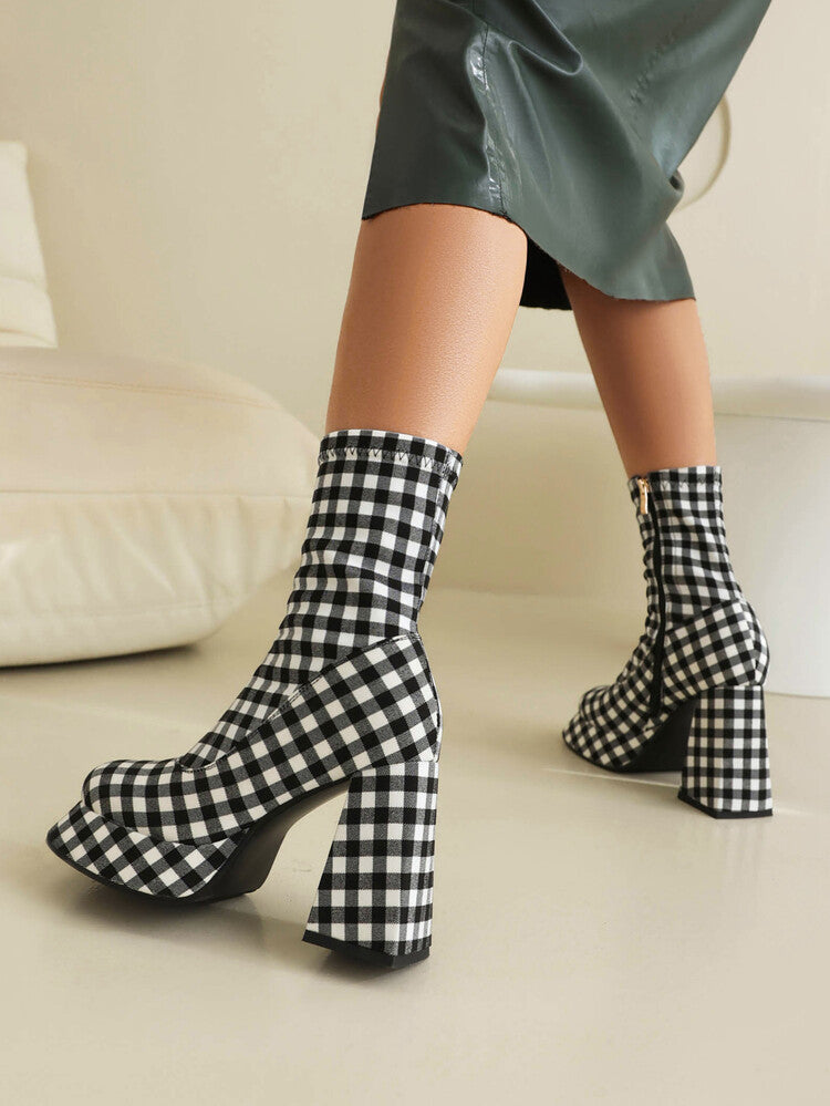 Women's Booties Prints Zippers Chunky Heel Platform Short Boots