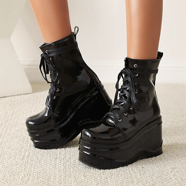 Women's Candy Color Pu Leather Round Toe Lace Up Wedge Heel Platform Ankle Boots