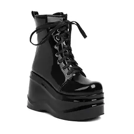 Women's Candy Color Pu Leather Round Toe Lace Up Wedge Heel Platform Ankle Boots