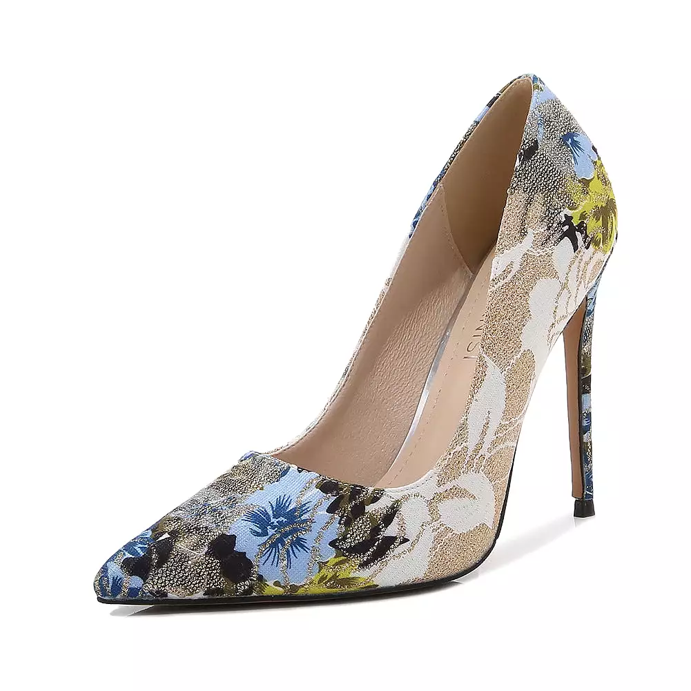 Women's Embroidery Flora Pointed Toe Shallow Stiletto Heel Pumps