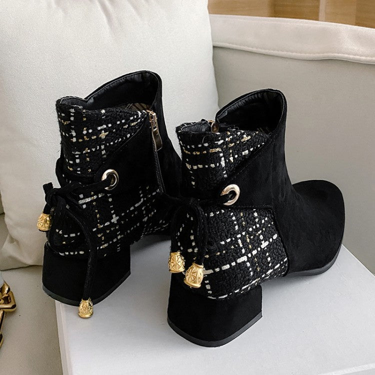 Women's Flock Lattice Round Toe Side Zippers Block Chunky Heel Short Boots