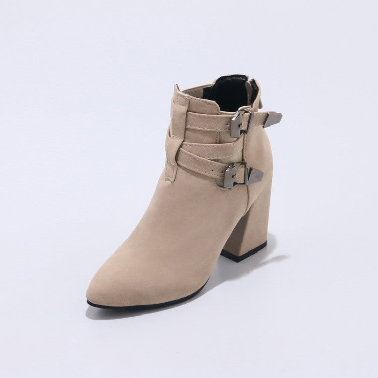 Women's Flock Pointed Toe Metal Buckle Straps Block Chunky Heel Short Boots