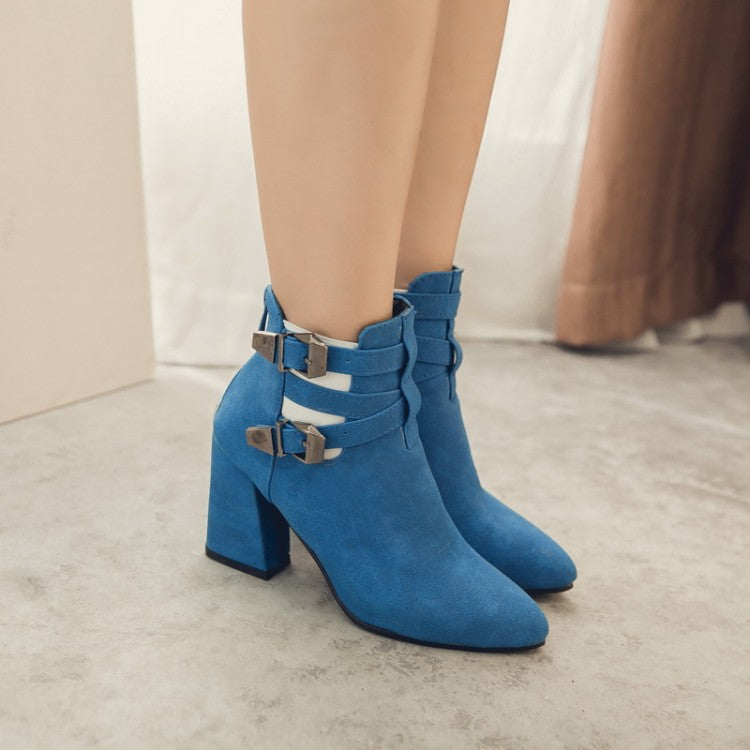 Women's Flock Pointed Toe Metal Buckle Straps Block Chunky Heel Short Boots