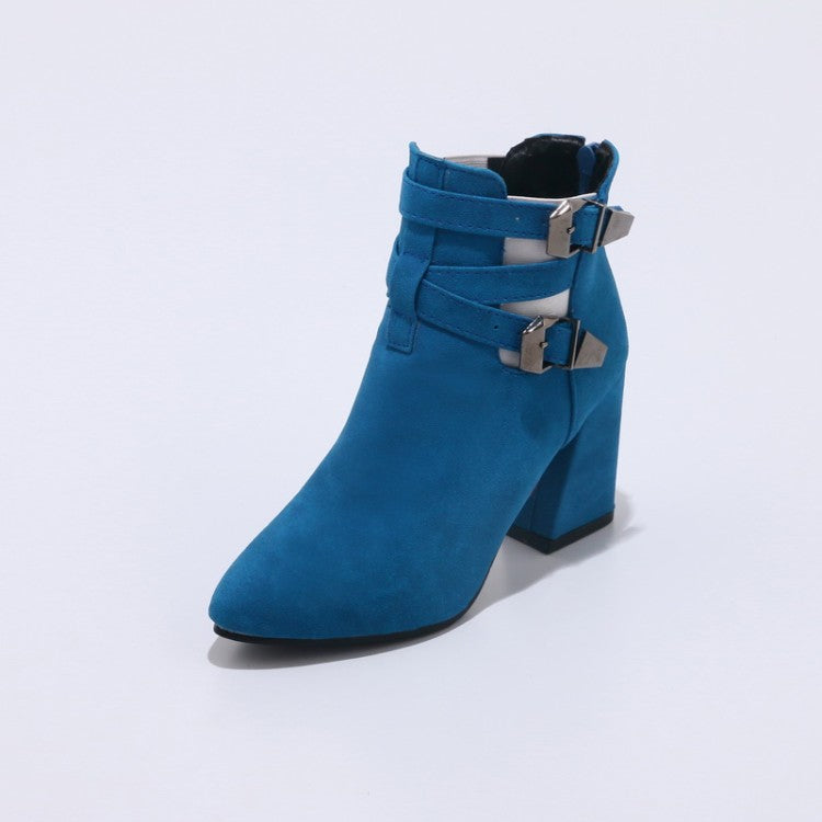 Women's Flock Pointed Toe Metal Buckle Straps Block Chunky Heel Short Boots