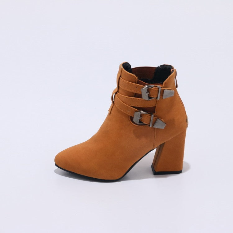 Women's Flock Pointed Toe Metal Buckle Straps Block Chunky Heel Short Boots