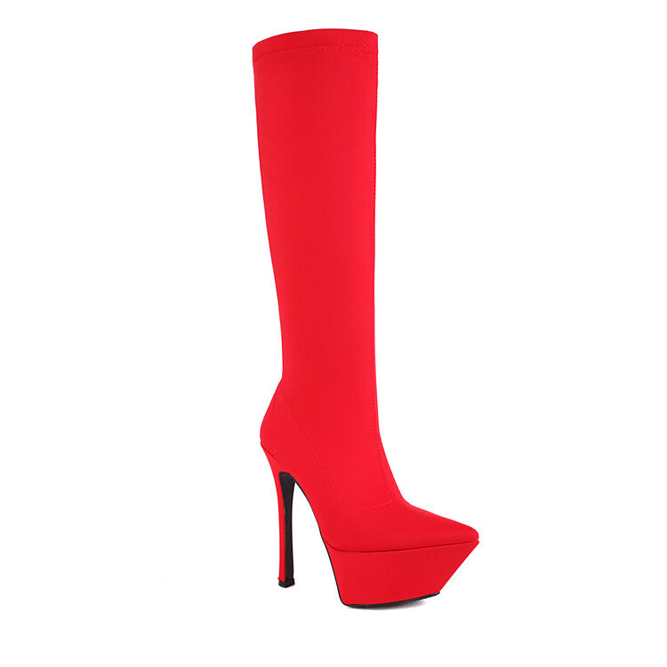 Women's Flock Pointed Toe Stiletto Heel Platform Knee High Boots