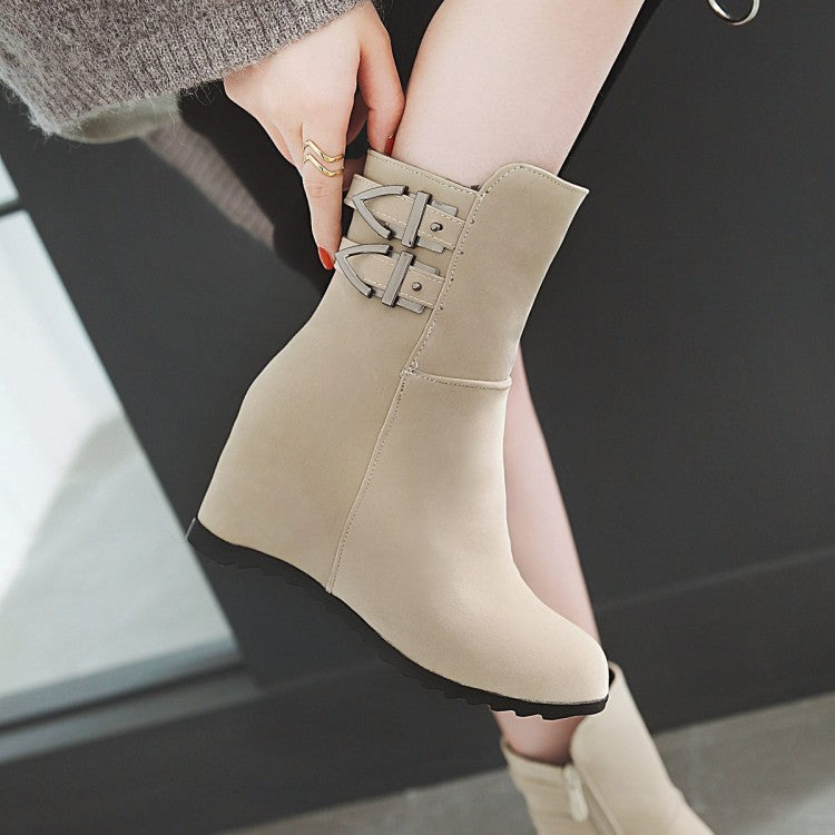 Women's Flock Round Toe Buckle Straps Wedge Heel Short Boots