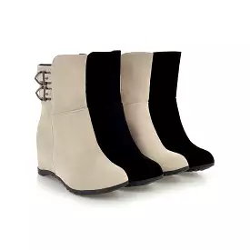 Women's Flock Round Toe Buckle Straps Wedge Heel Short Boots