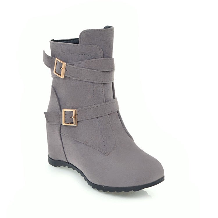 Women's Flock Round Toe Double Buckle Straps Side Zippers Wedge Heel Short Boots