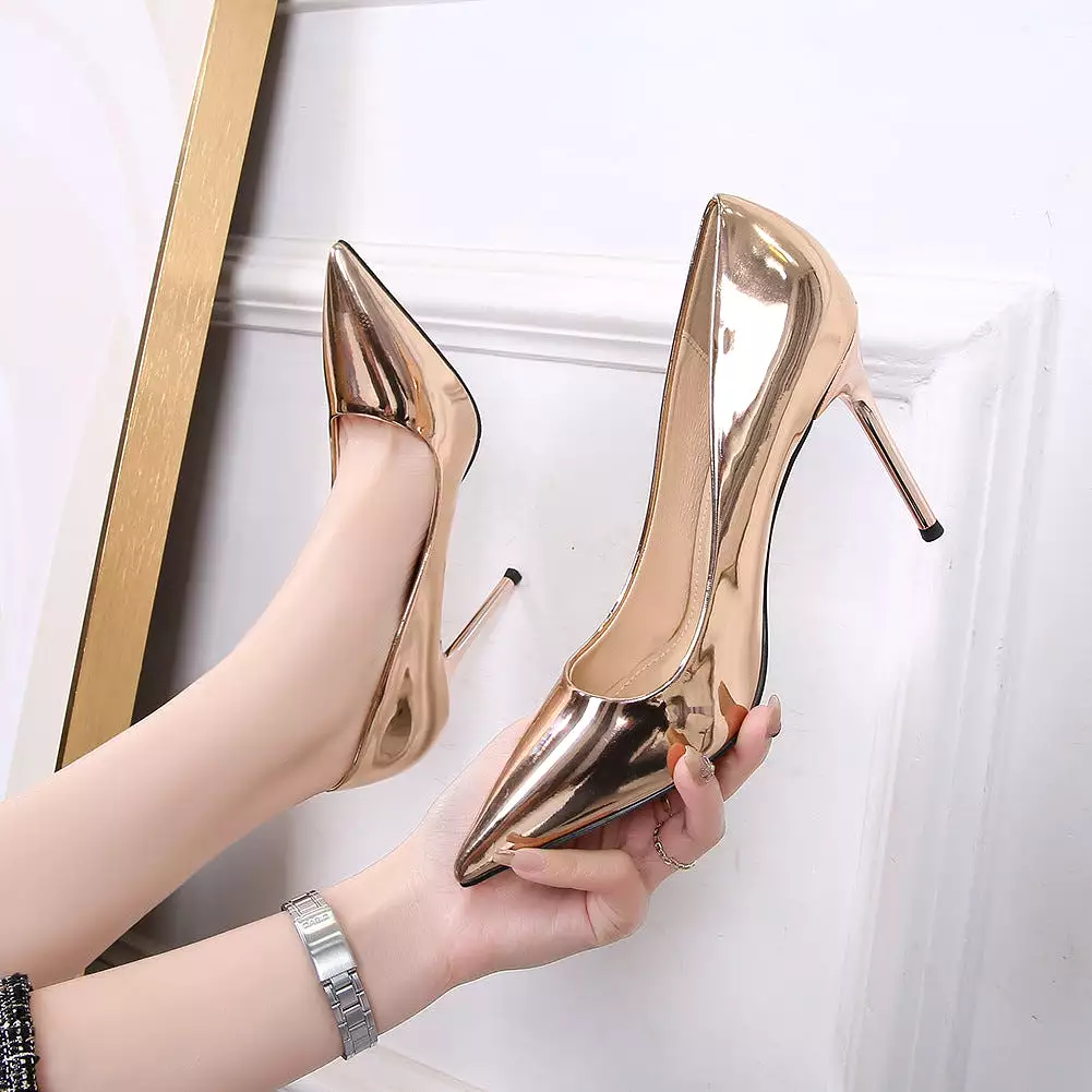 Women's Glittery Patent Pointed Toe Shallow Stiletto Heel Pumps