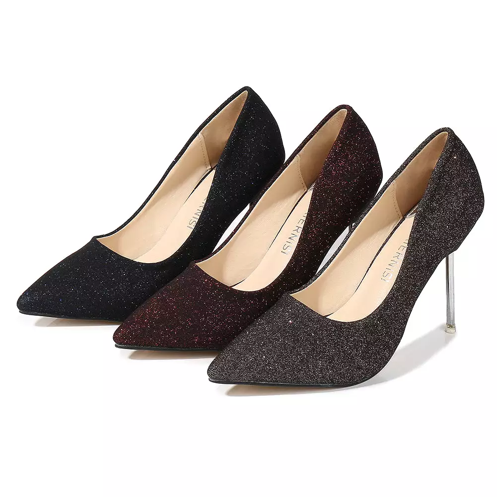 Women's Glittery Pointed Toe Shallow Stiletto Heel Pumps