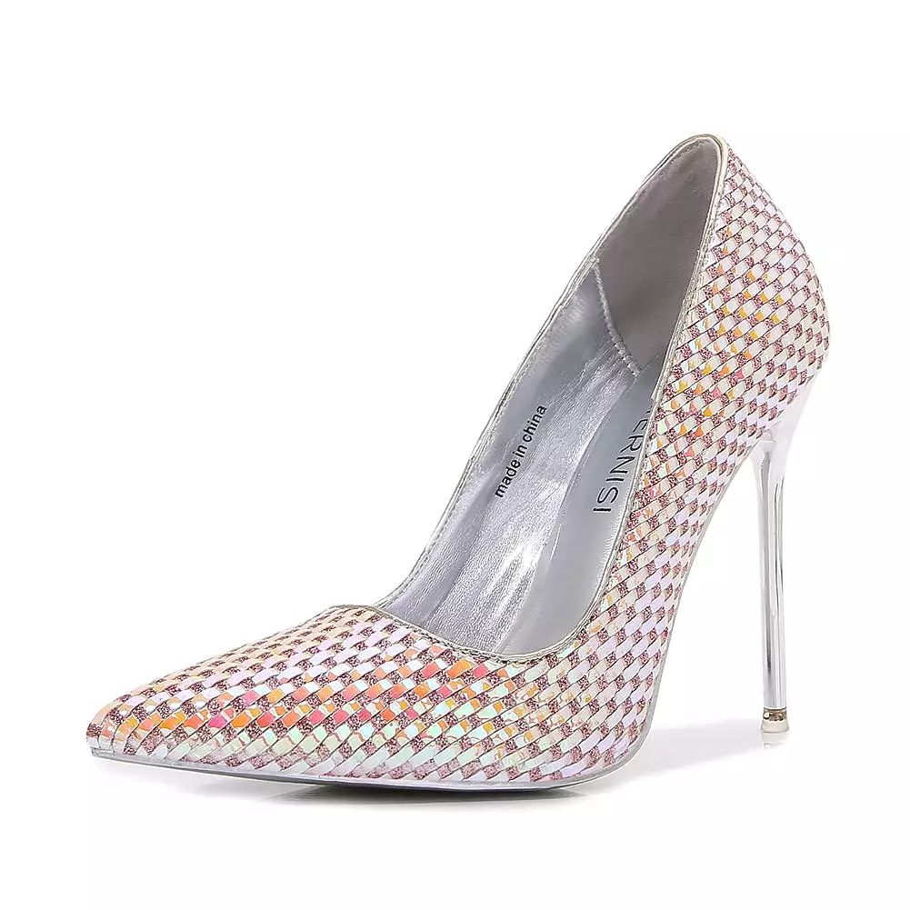 Women's Glittery Sequins Pointed Toe Shallow Stiletto Heel Pumps