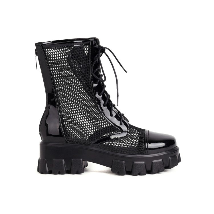 Women's Glossy Round Toe Mesh Lace-Up Block Chunky Heel Platform Short Boots