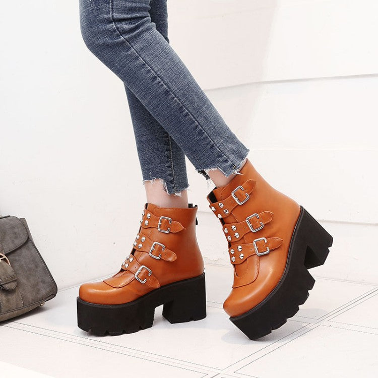 Women's Glossy Round Toe Metal Rivets Buckle Straps Wedge Heel Platform Ankle Boots