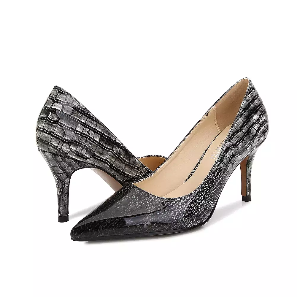 Women's Glossy Snake Printed Shallow Stiletto Heel Pumps