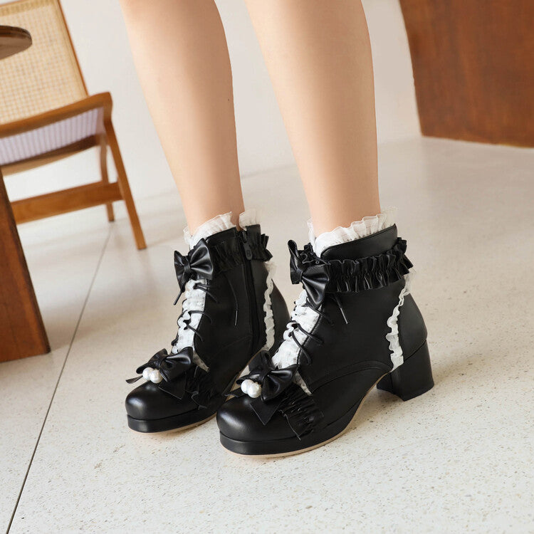 Women's Lace Bow Tie Pearls Block Chunky Heel Ankle Boots