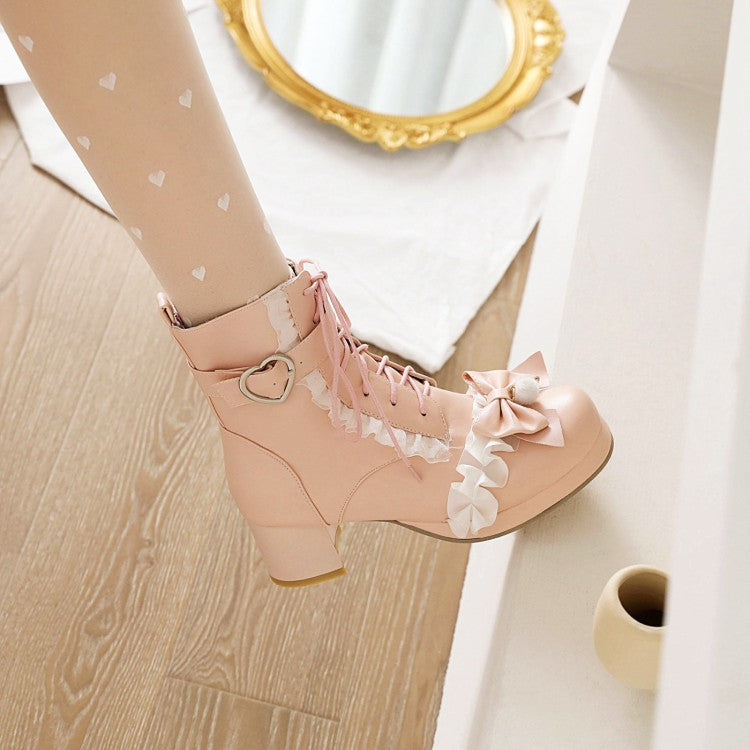 Women's Lace Bow Tie Pearls Block Chunky Heel Ankle Boots