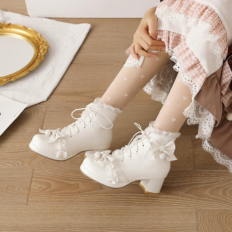 Women's Lace Bow Tie Tied Straps Block Chunky Heel Platform Ankle Boots