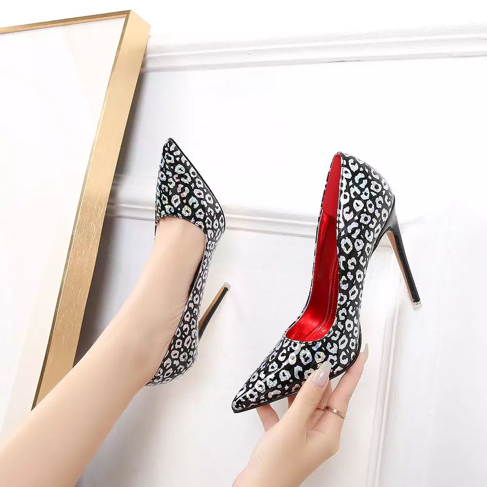 Women's Leopard Print Pointed Toe Shallow Stiletto Heel Pumps