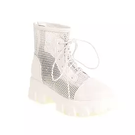 Women's Mesh Lace Up Back Zippers Block Chunky Heel Platform Short Boots