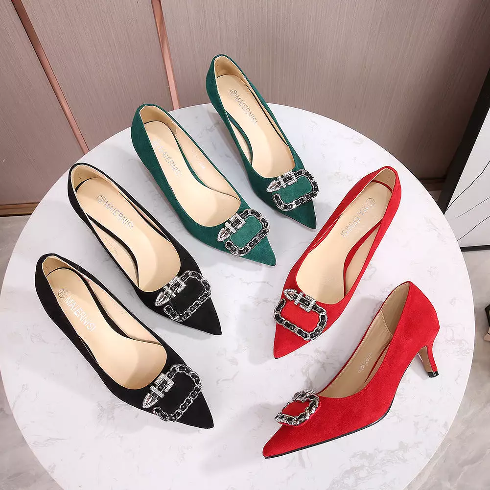 Women's Metal Chains Buckles Pointed Toe Shallow Stiletto Heel Pumps