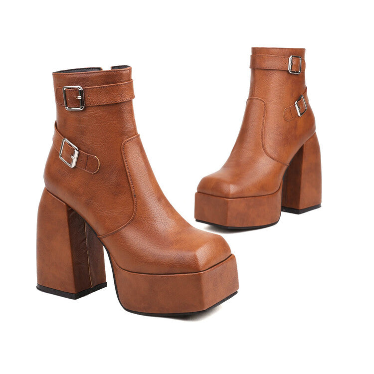 Women's Open Toe Buckle Straps Block Chunky Heel Platform Ankle Boots