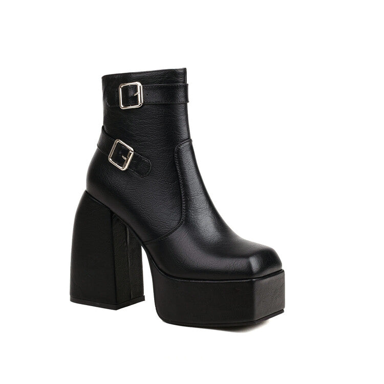 Women's Open Toe Buckle Straps Block Chunky Heel Platform Ankle Boots