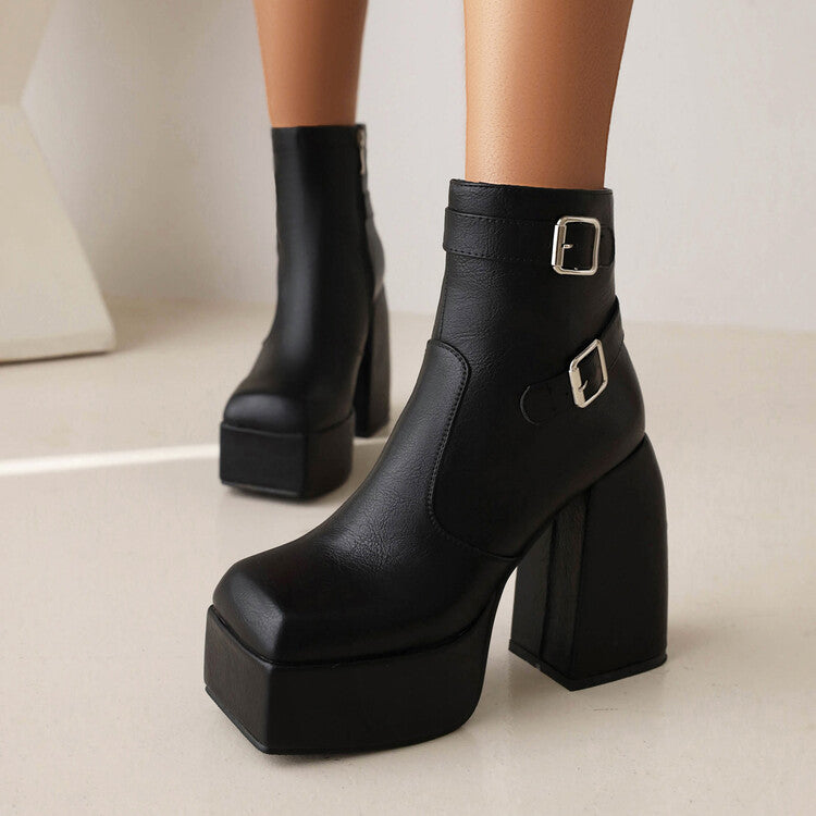 Women's Open Toe Buckle Straps Block Chunky Heel Platform Ankle Boots