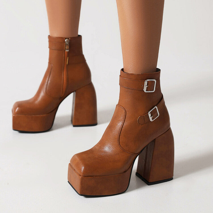 Women's Open Toe Buckle Straps Block Chunky Heel Platform Ankle Boots