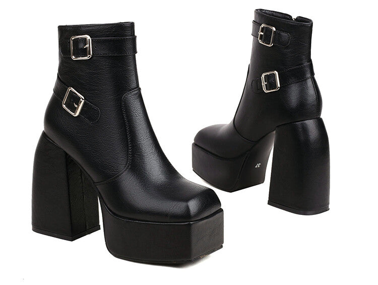 Women's Open Toe Buckle Straps Block Chunky Heel Platform Ankle Boots