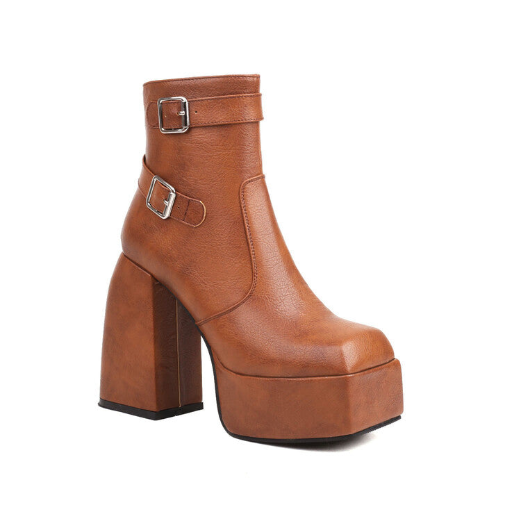 Women's Open Toe Buckle Straps Block Chunky Heel Platform Ankle Boots