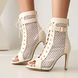 Women's Peep Toe Mesh Lace-Up Buckle Straps Stiletto Heel Ankle Boots