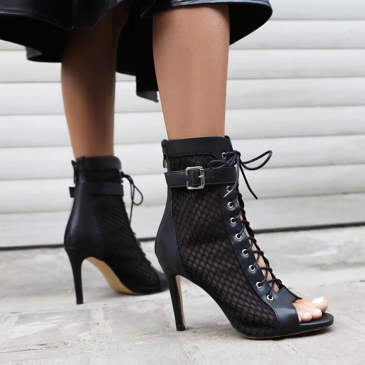 Women's Peep Toe Mesh Lace-Up Buckle Straps Stiletto Heel Ankle Boots