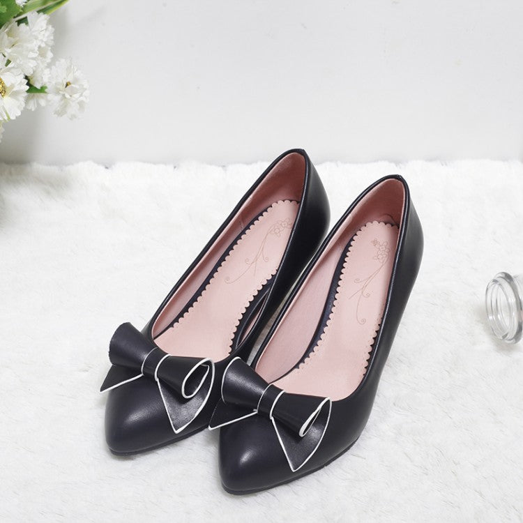 Women's Pointed Toe Bow Tie Shallow Kitten Heel Pumps