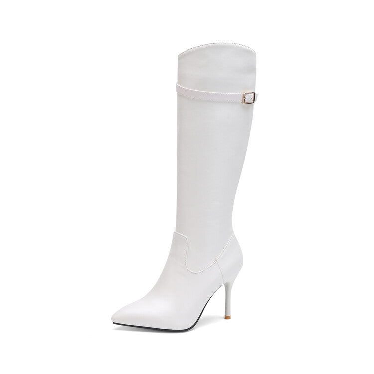 Women's Pointed Toe Buckle Straps Stiletto Heel Zipper Knee High Boots