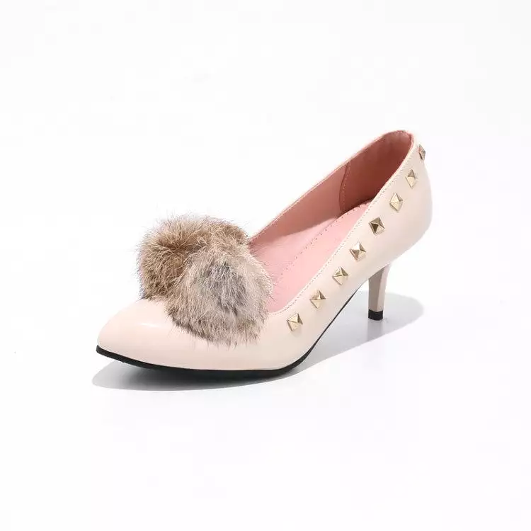 Women's Pointed Toe Furry Rivets Shallow Stiletto Heel Pumps