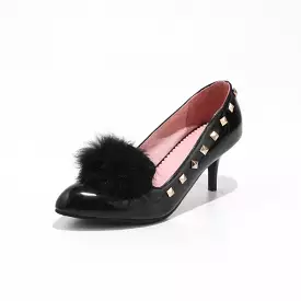 Women's Pointed Toe Furry Rivets Shallow Stiletto Heel Pumps