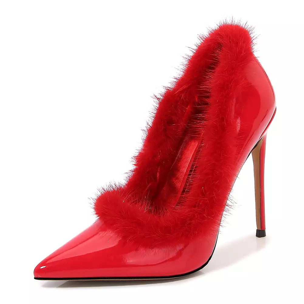 Women's Pointed Toe Furry Shallow Stiletto Heel Pumps