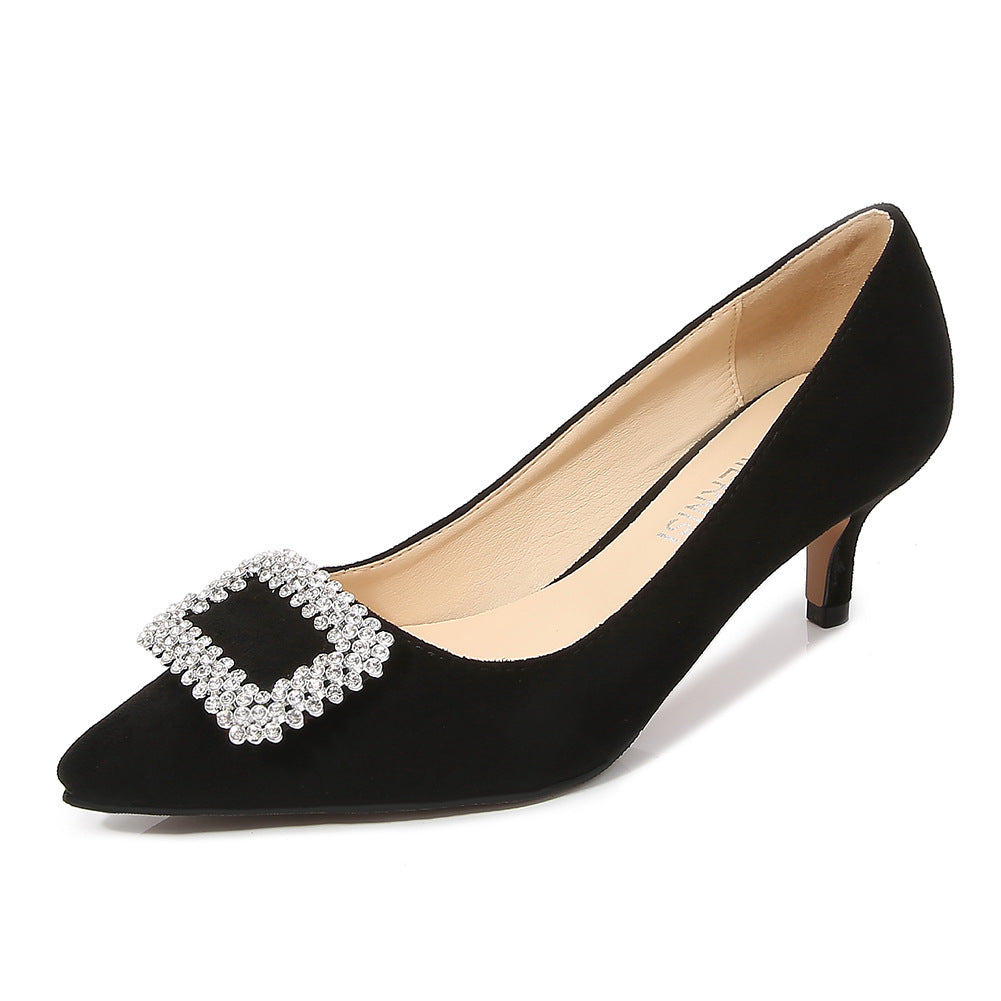 Women's Pointed Toe Rhinestone Square Buckles Shallow Kitten Heel Pumps