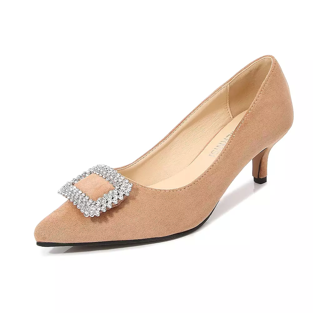 Women's Pointed Toe Rhinestone Square Buckles Shallow Kitten Heel Pumps