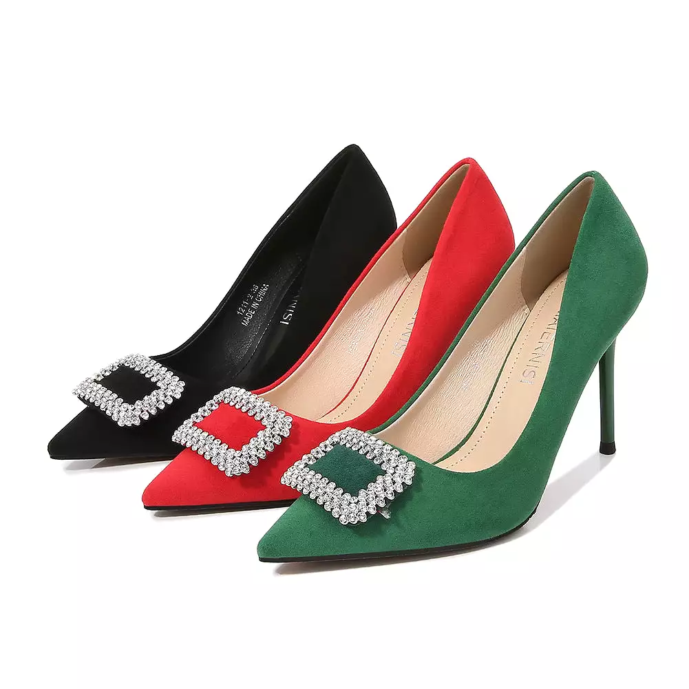 Women's Pointed Toe Rhinestone Square Buckles Shallow Stiletto Heel Pumps