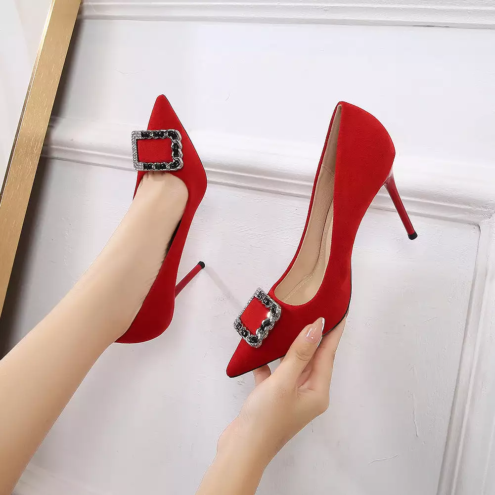 Women's Pointed Toe Rhinestone Square Buckles Shallow Stiletto Heel Pumps