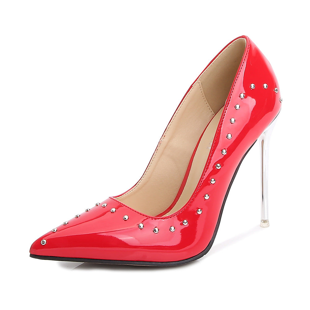 Women's Pointed Toe Rivets Shallow Crystal Stiletto Heel Pumps