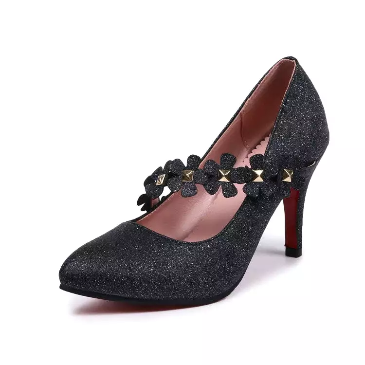 Women's Pointed Toe Sequins Shallow Stiletto Heel Pumps