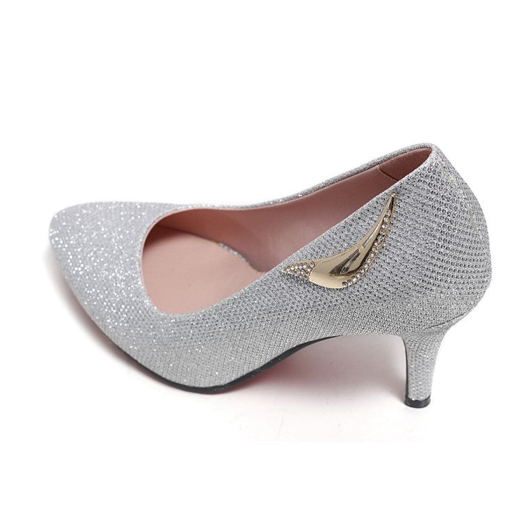 Women's Pointed Toe Shallow Sequins Rhinestone Stiletto Heel Pumps