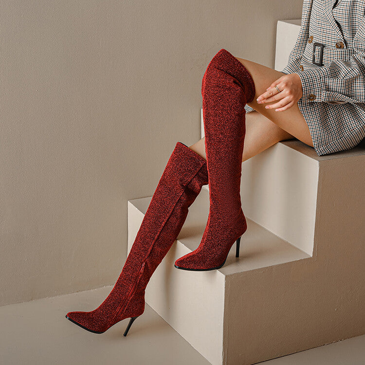 Women's Pointed Toe Side Zippers Stiletto Heel Over-the-Knee Boots