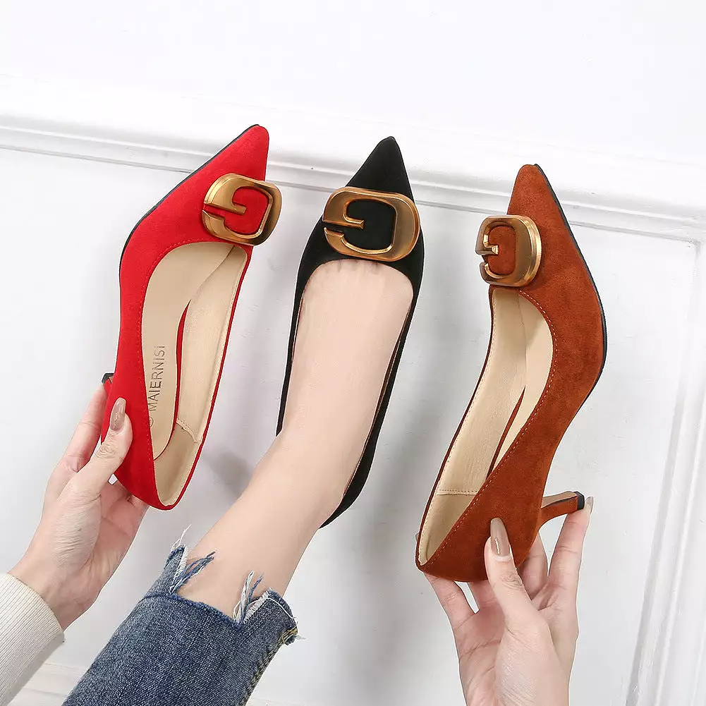 Women's Pointed Toe Square Buckles Shallow Kitten Heel Pumps